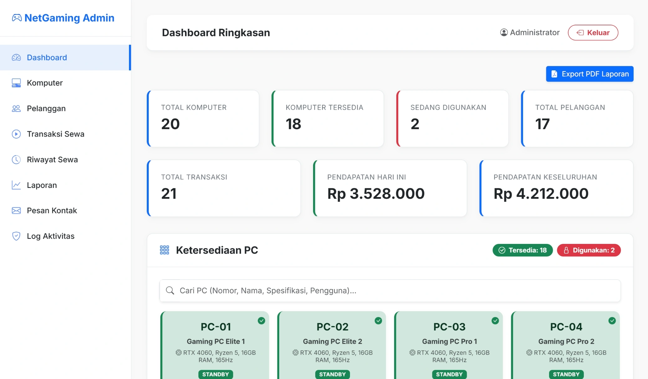 Dashboard Manajemen Warnet